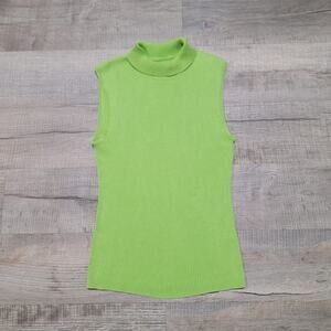 Chicos Size 0 Small Silk Ribbed Knit Sleeveless Turtleneck Sweater Tank Green